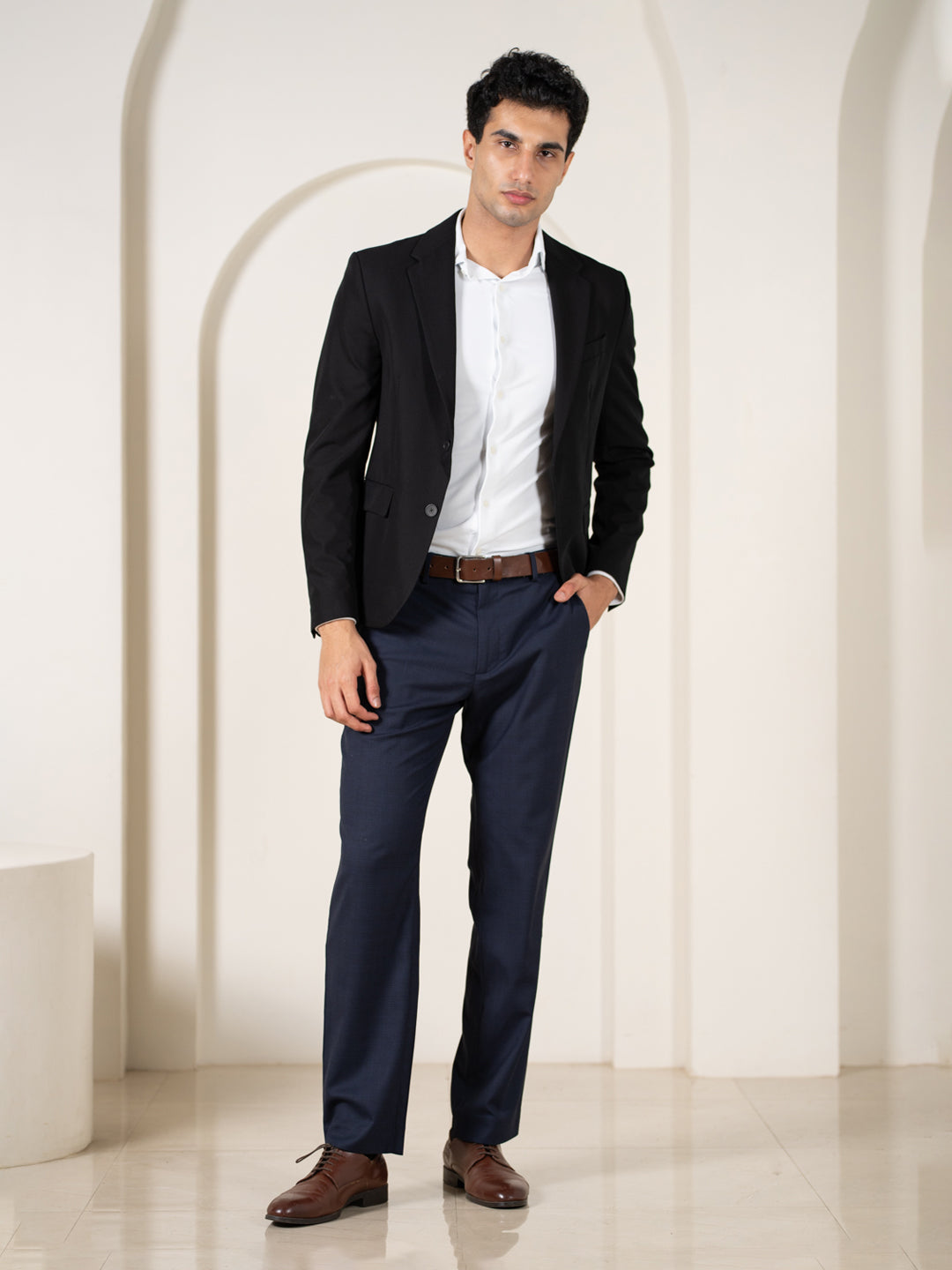 Bernard Navy Houndstooth Relaxed Fit Stretch Formal Pants