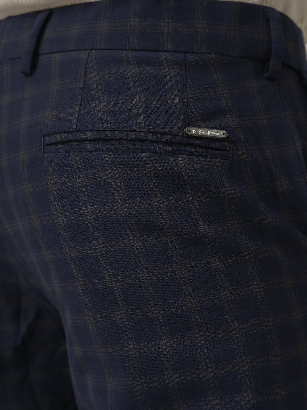 Back pocket detail of nightlife navy checks merino wool pant at Pant Project