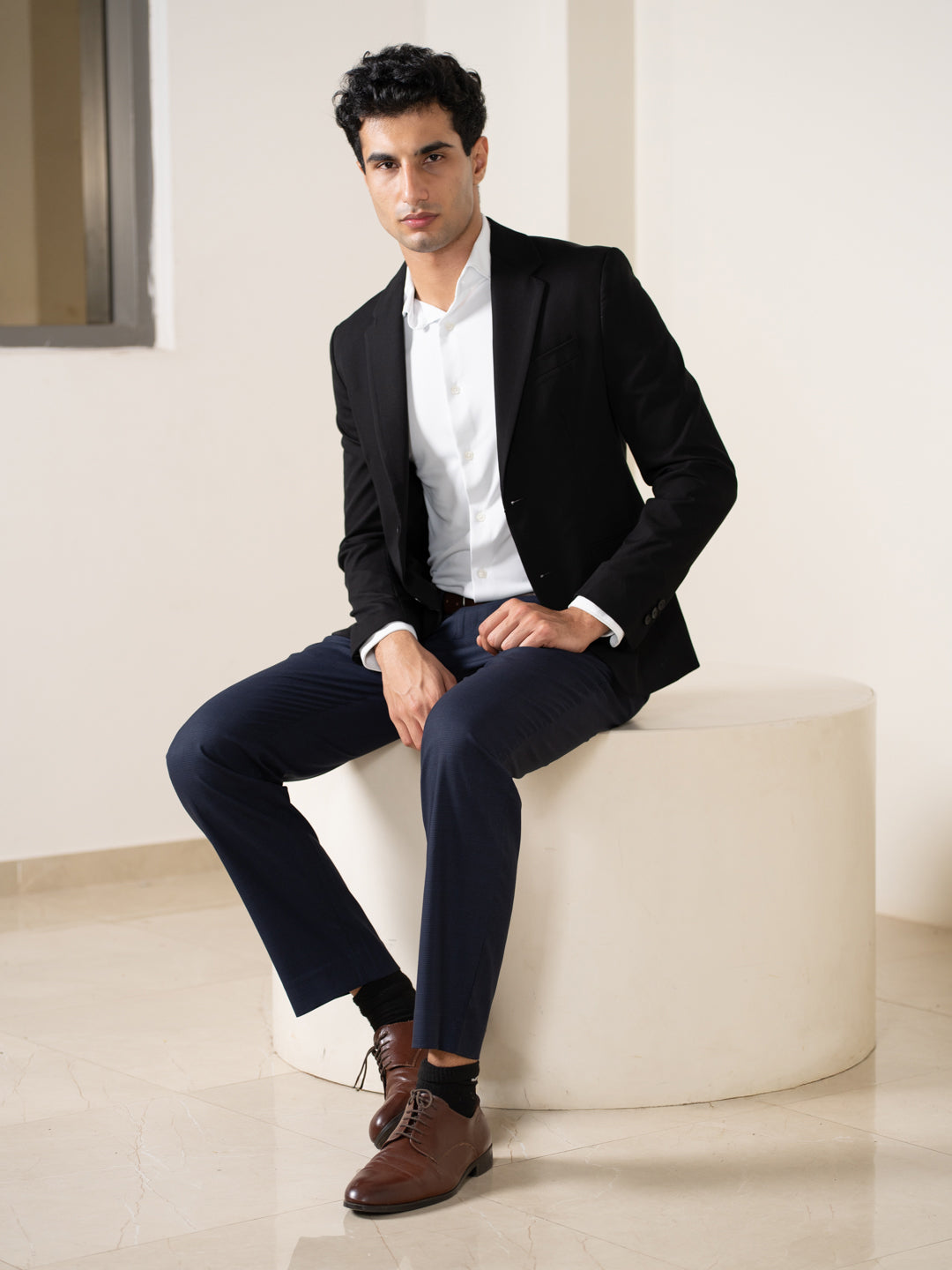 Bernard Navy Houndstooth Relaxed Fit Stretch Formal Pants