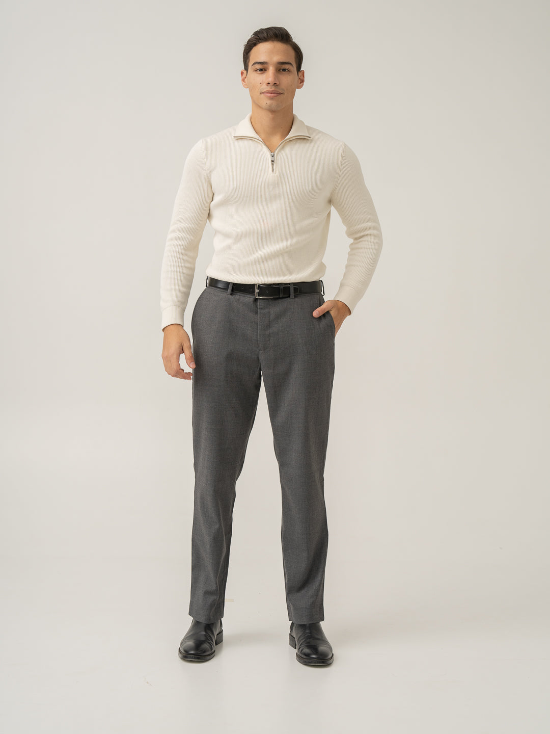 Full view of great grey luxury merino wool pants at Pant Project