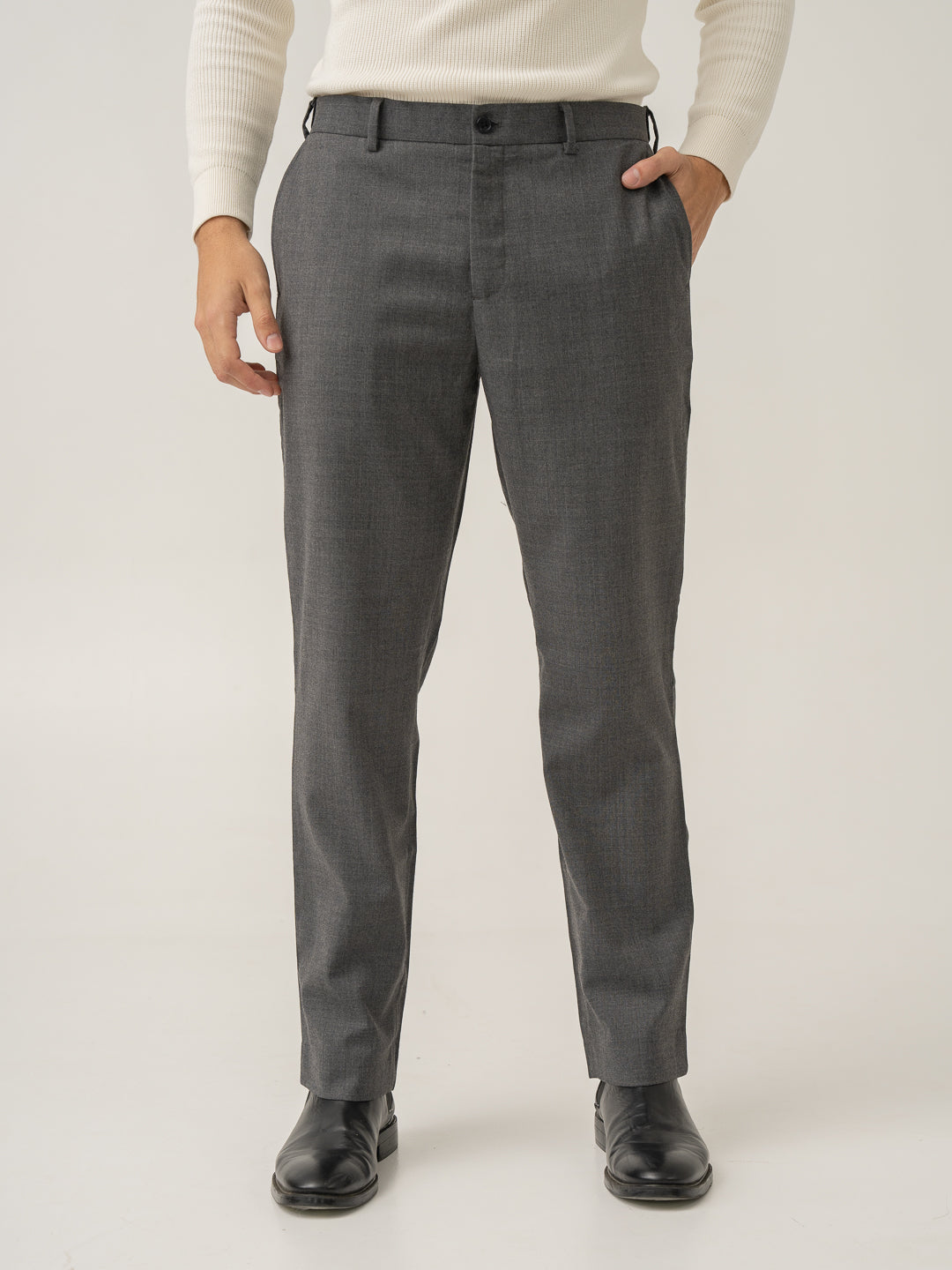 Front view of great grey luxury merino wool pants at Pant Project