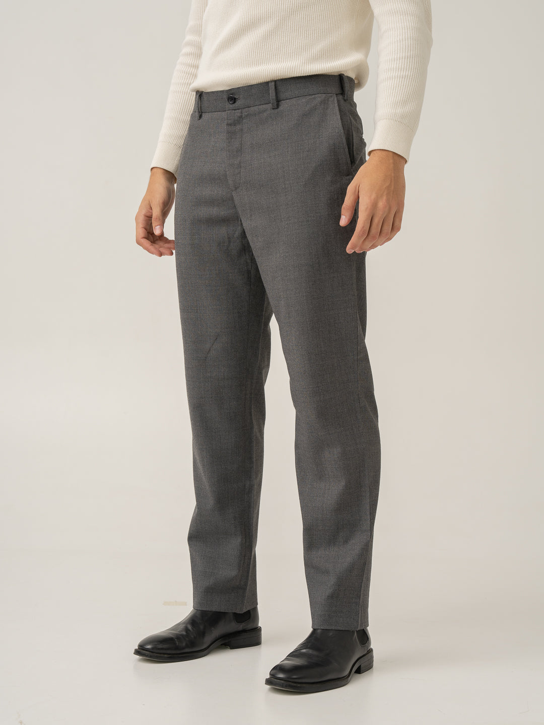 Side view of great grey luxury merino wool pants at Pant Project