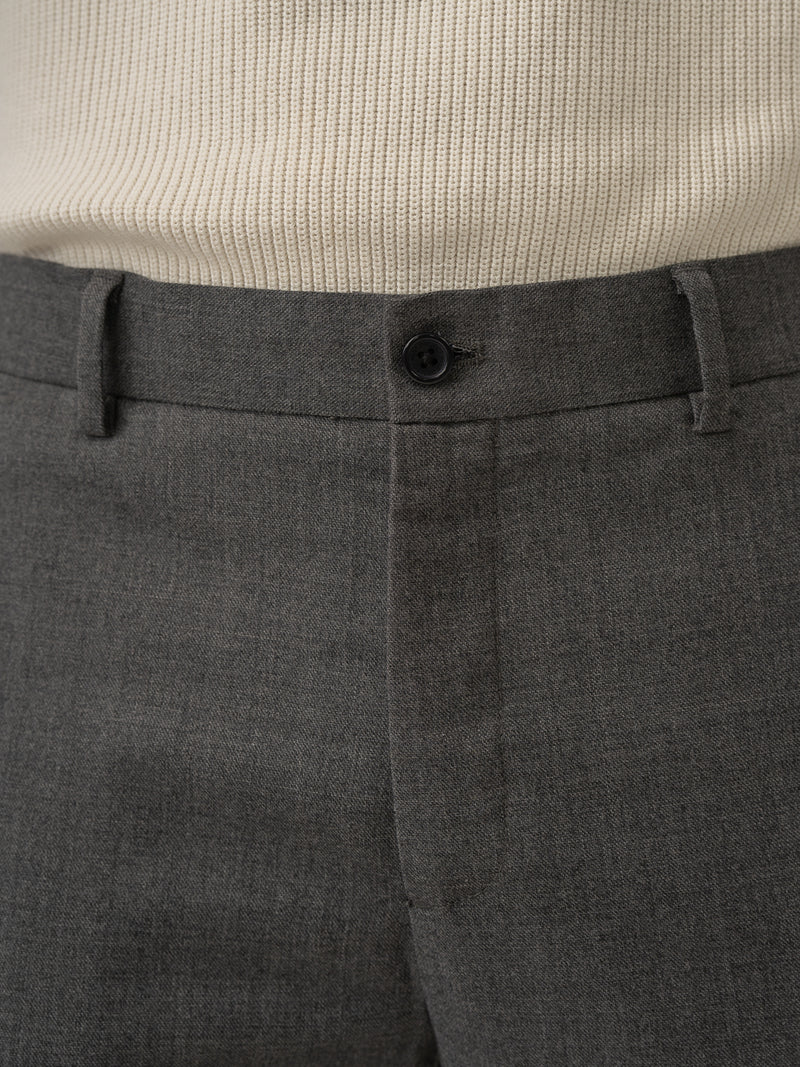 Waistband close up of great grey luxury merino wool pants at Pant Project