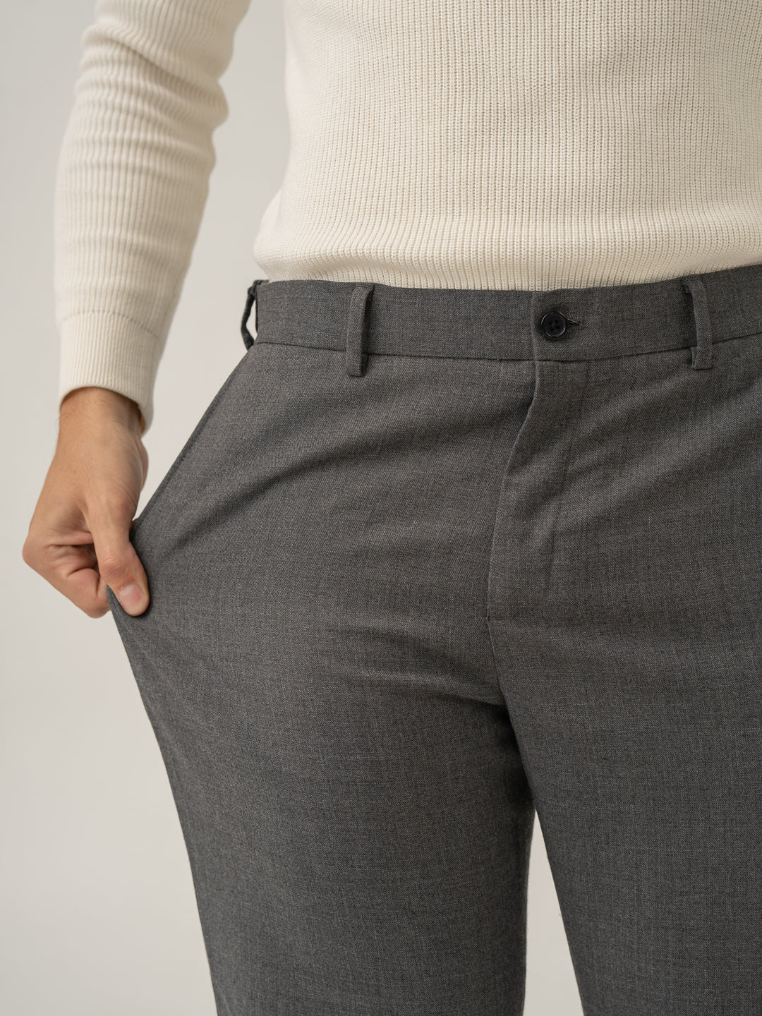 Stretch feature of great grey luxury merino wool pants at Pant Project