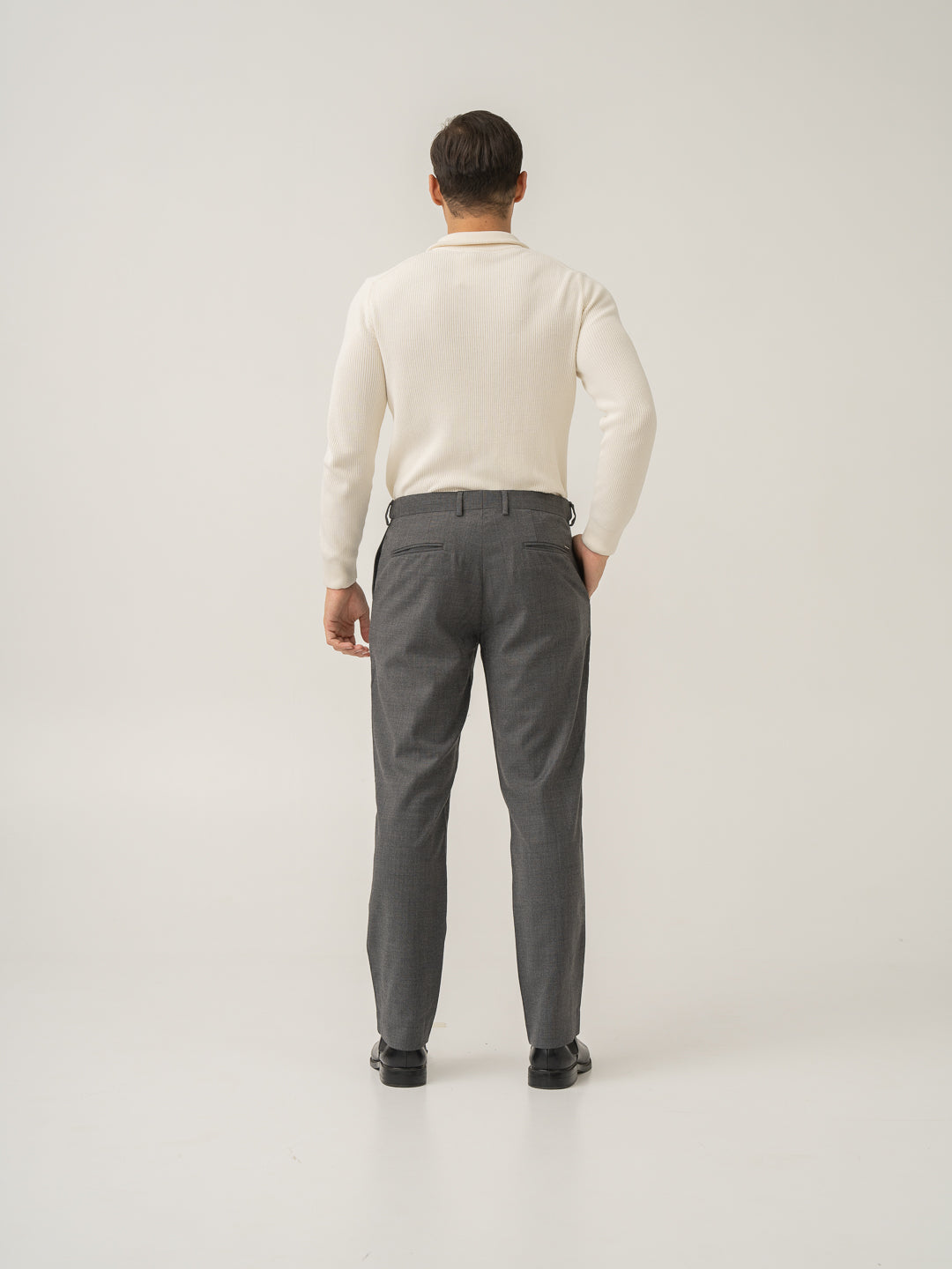 Full length back view of great grey luxury merino wool pants at Pant Project