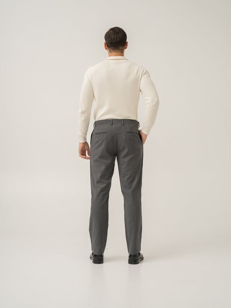 Full length back view of great grey luxury merino wool pants at Pant Project