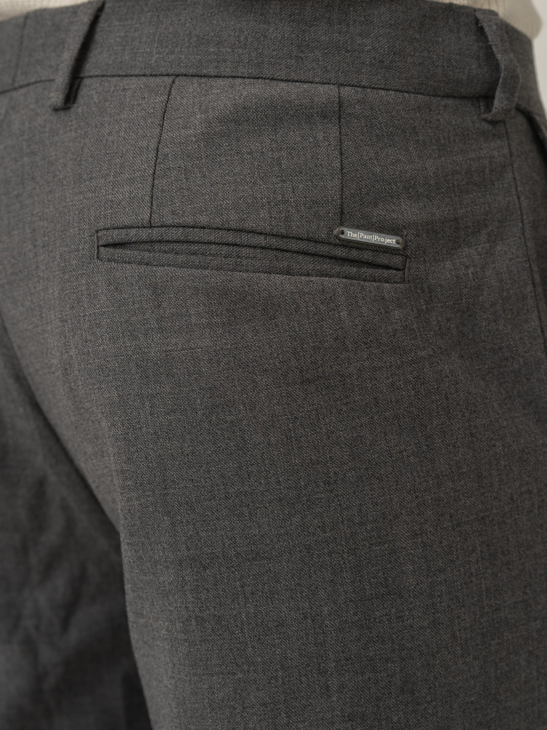 Back pocket detail of great grey luxury merino wool pants at Pant Project