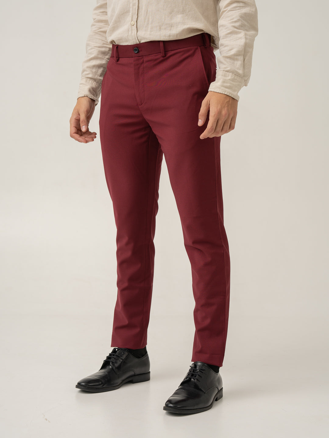 Side view of rome red luxury merino wool pant at Pant Project