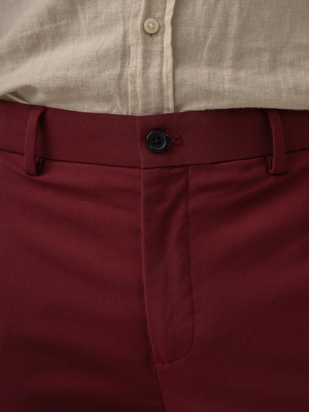 Waistband close up of rome red luxury merino wool pant at Pant Project