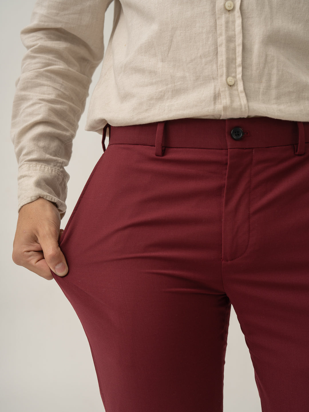 Stretch feature of rome red luxury merino wool pant at Pant Project