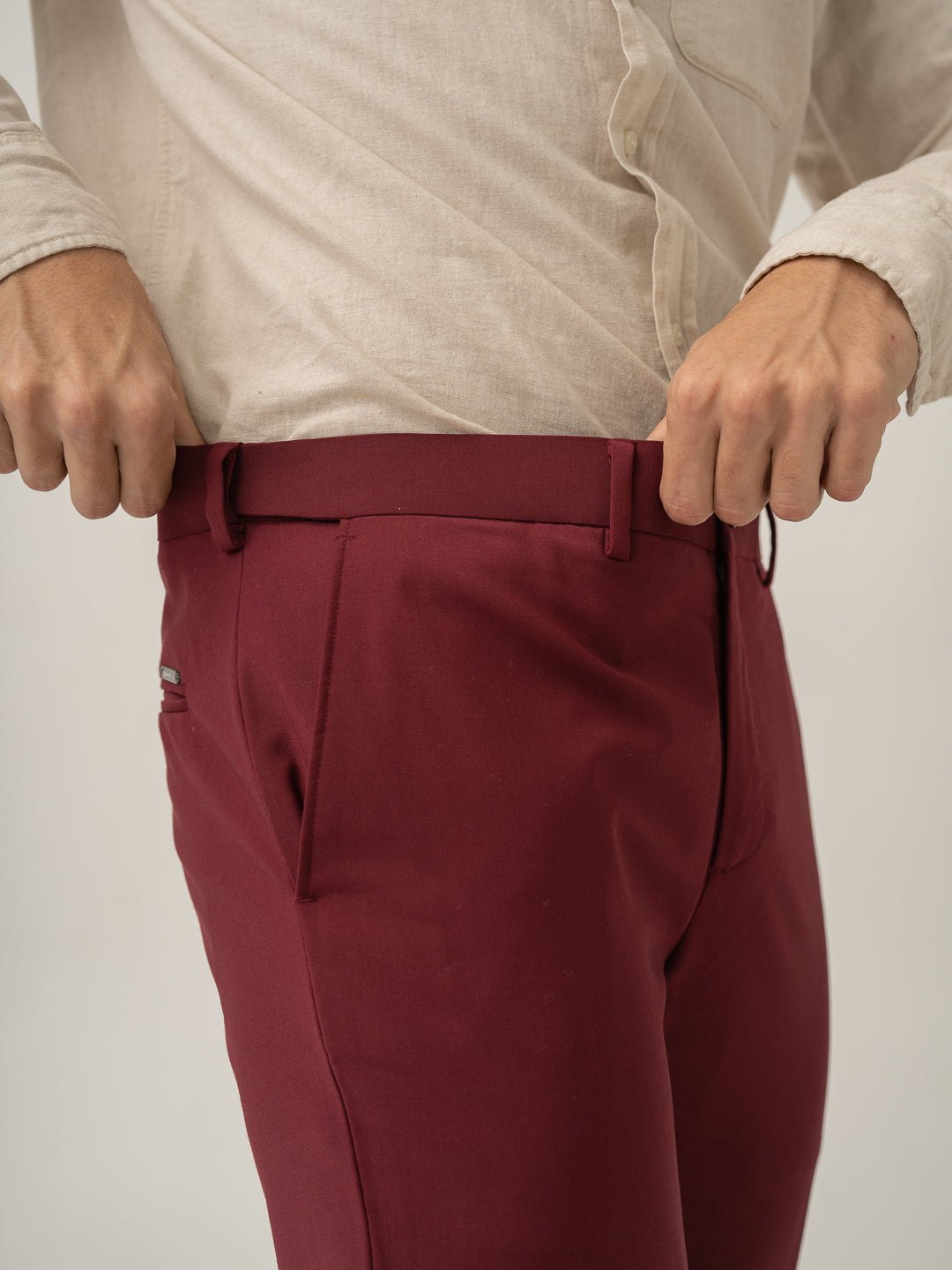 Stretch waistband close up of rome red luxury merino wool pant at Pant Project