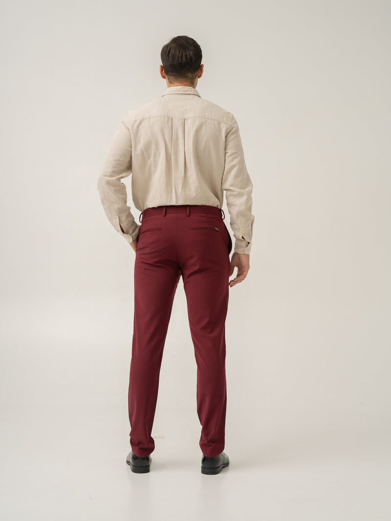 Full length back view of rome red luxury merino wool pant at Pant Project