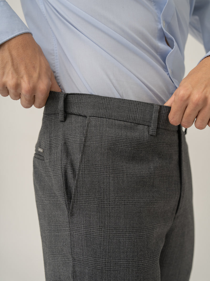 Stretch waistband close up of nostalgia grey checks merino wool pants at Pant Project