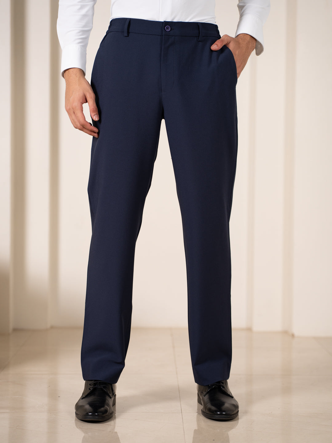 Buy Men Uplift Navy Relaxed Fit Stretchable Formal Trouser
