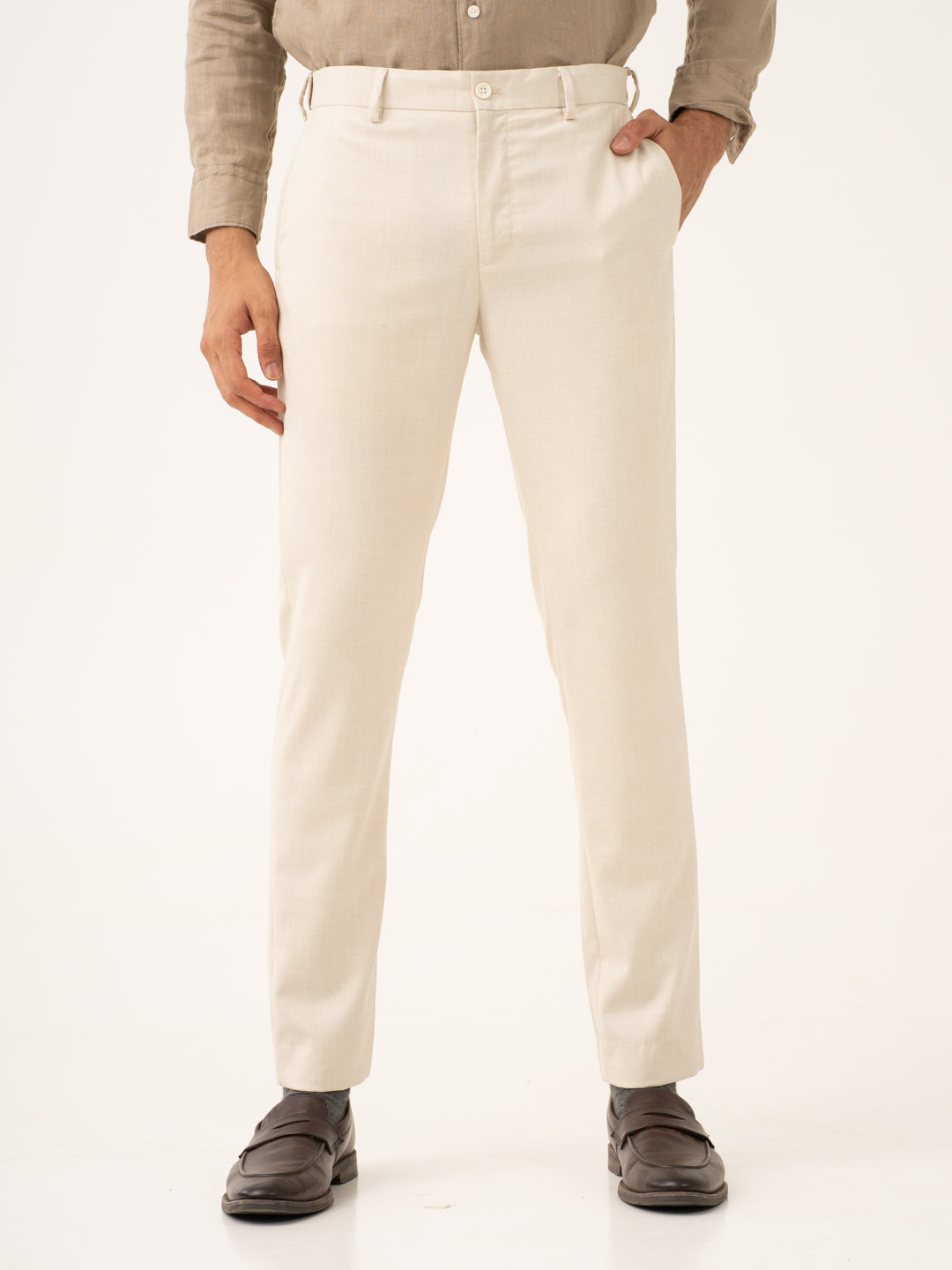 Buy Buff Beige Melange Stretchable Formal Trousers For Men Online