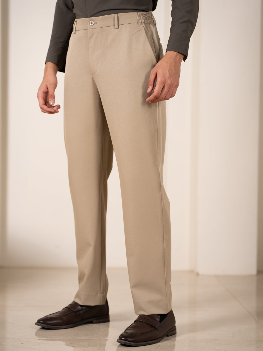 Uncommon Beige 247 Relaxed Fit Smart Trousers Formal Trousers