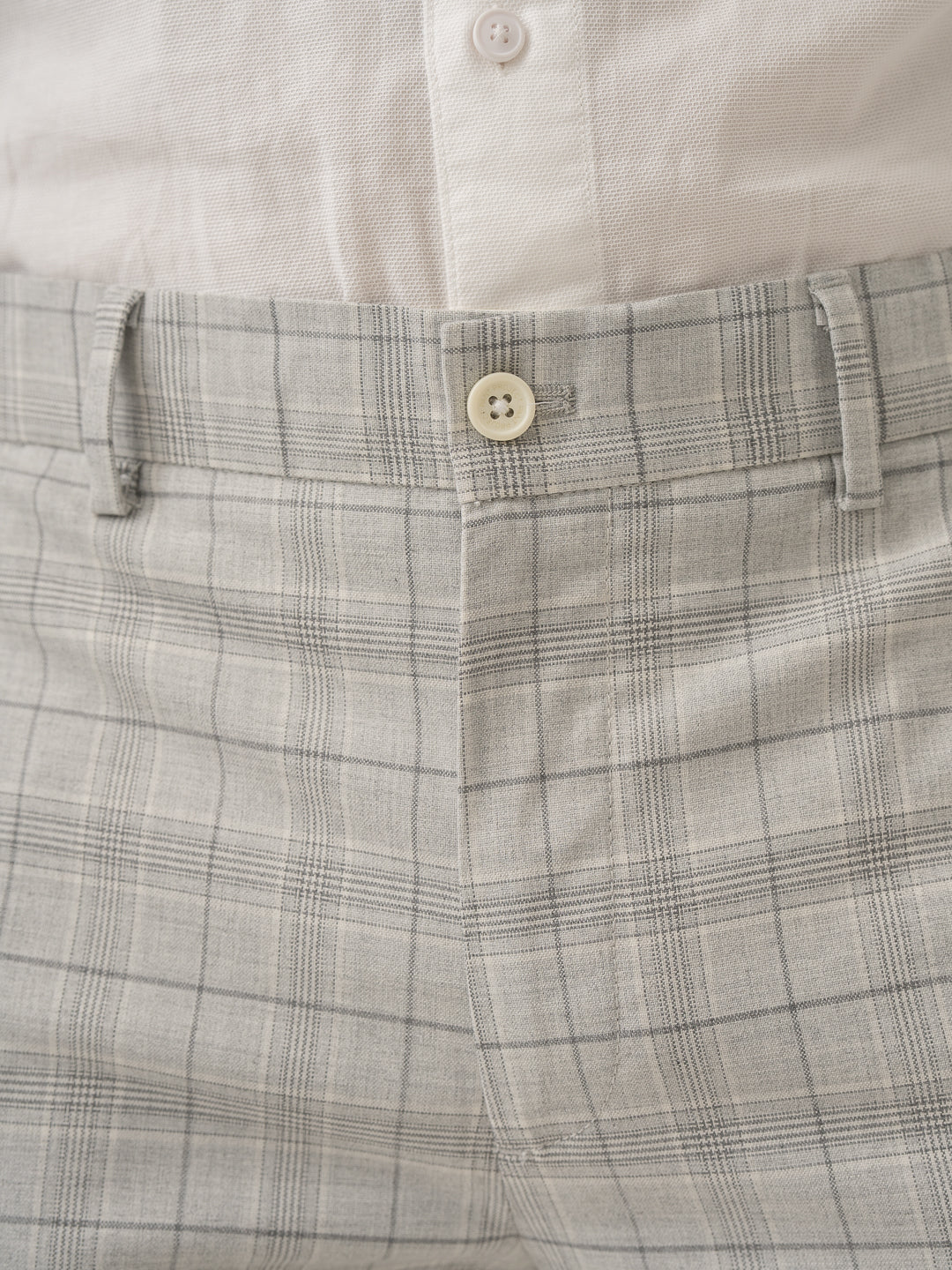 Waistband close up of native grey checks formal pant at Pant Project