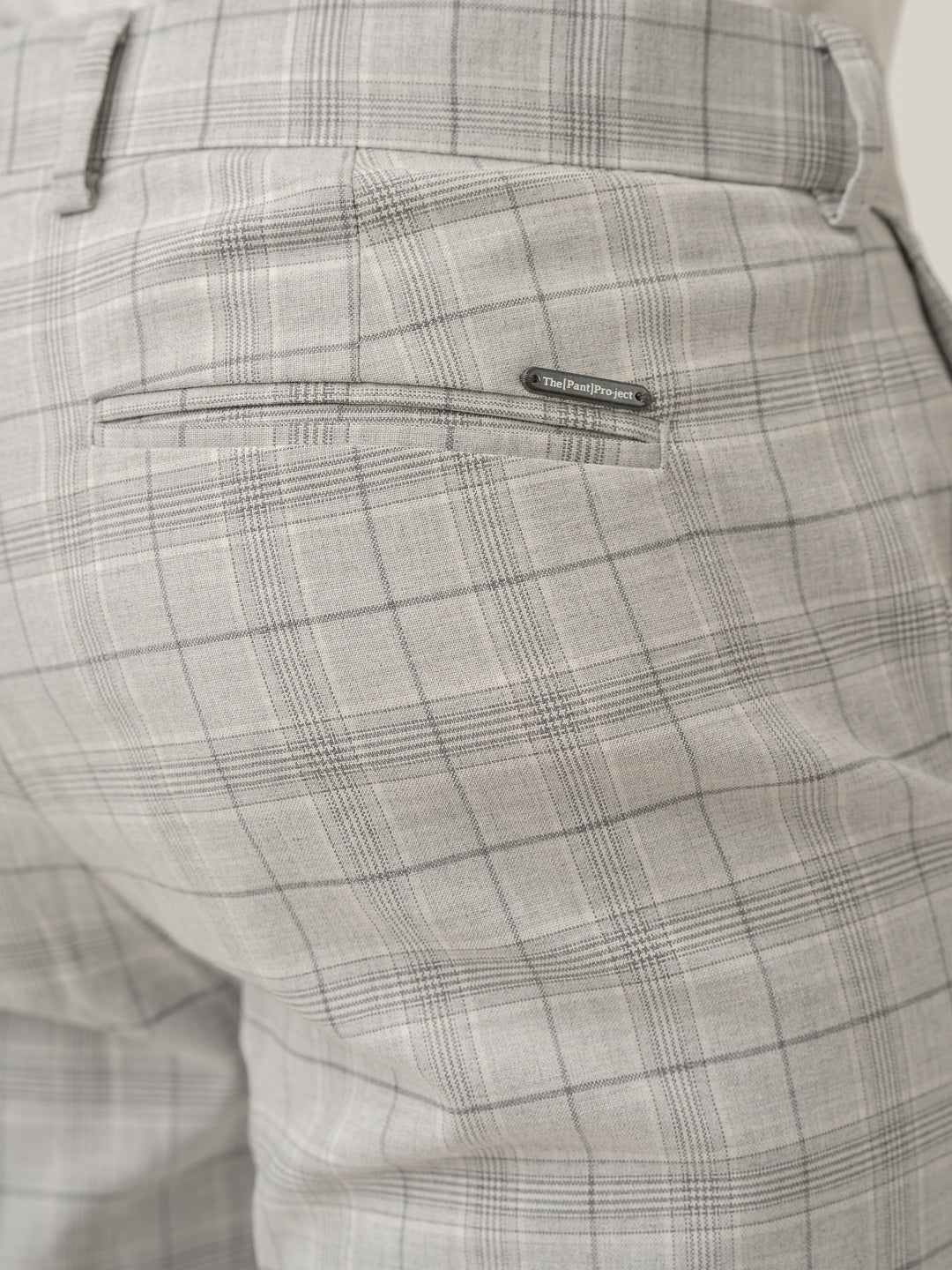 Back pocket detail of native grey checks formal pant at Pant Project