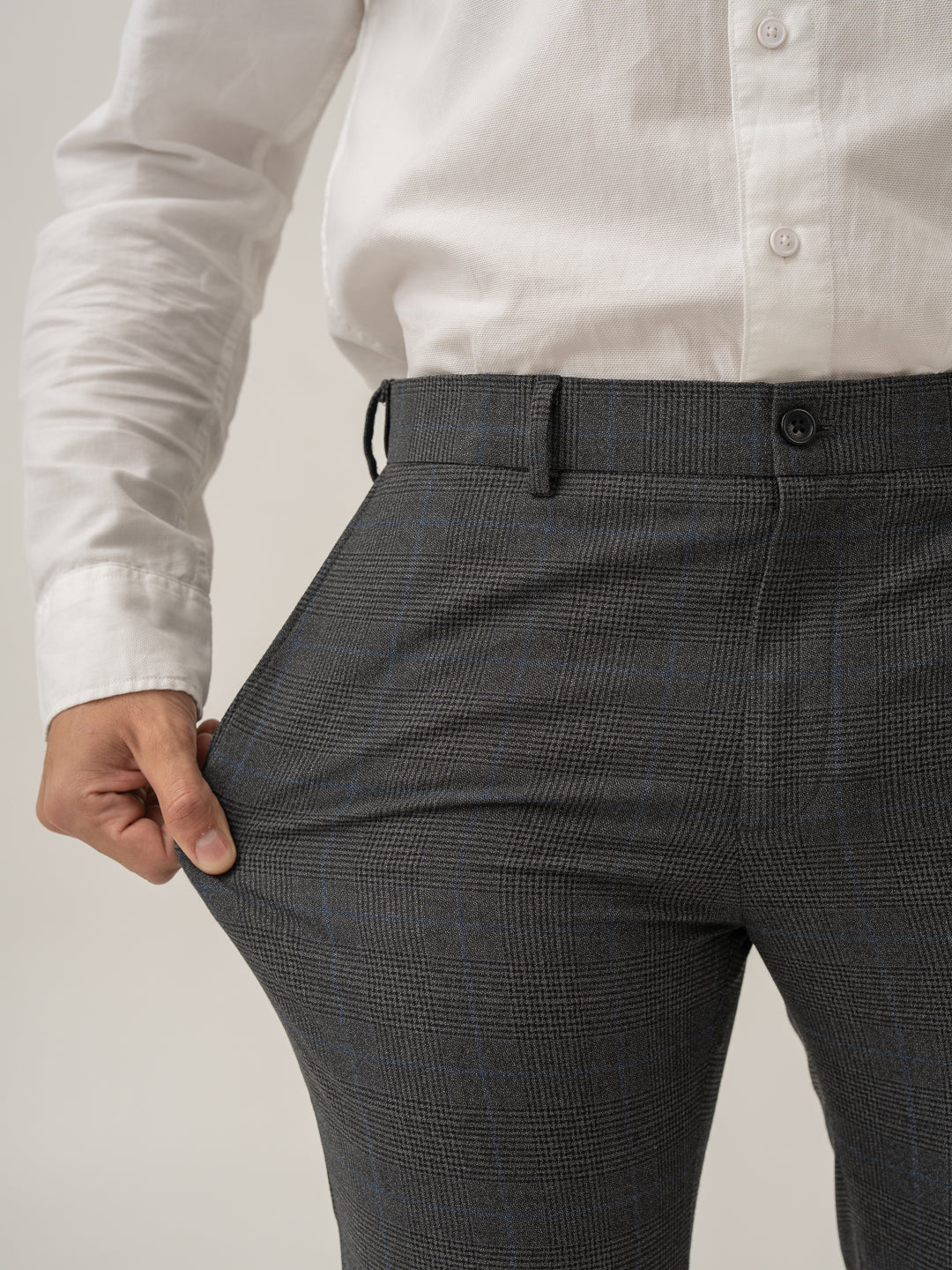 Stretch feature of magnetic grey checks formal pant at Pant Project