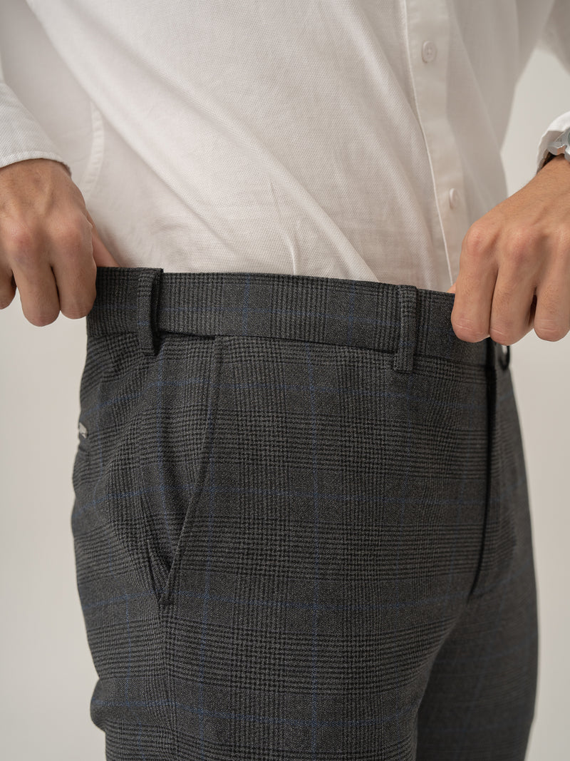 Stretch waistband close up of magnetic grey checks formal pant at Pant Project