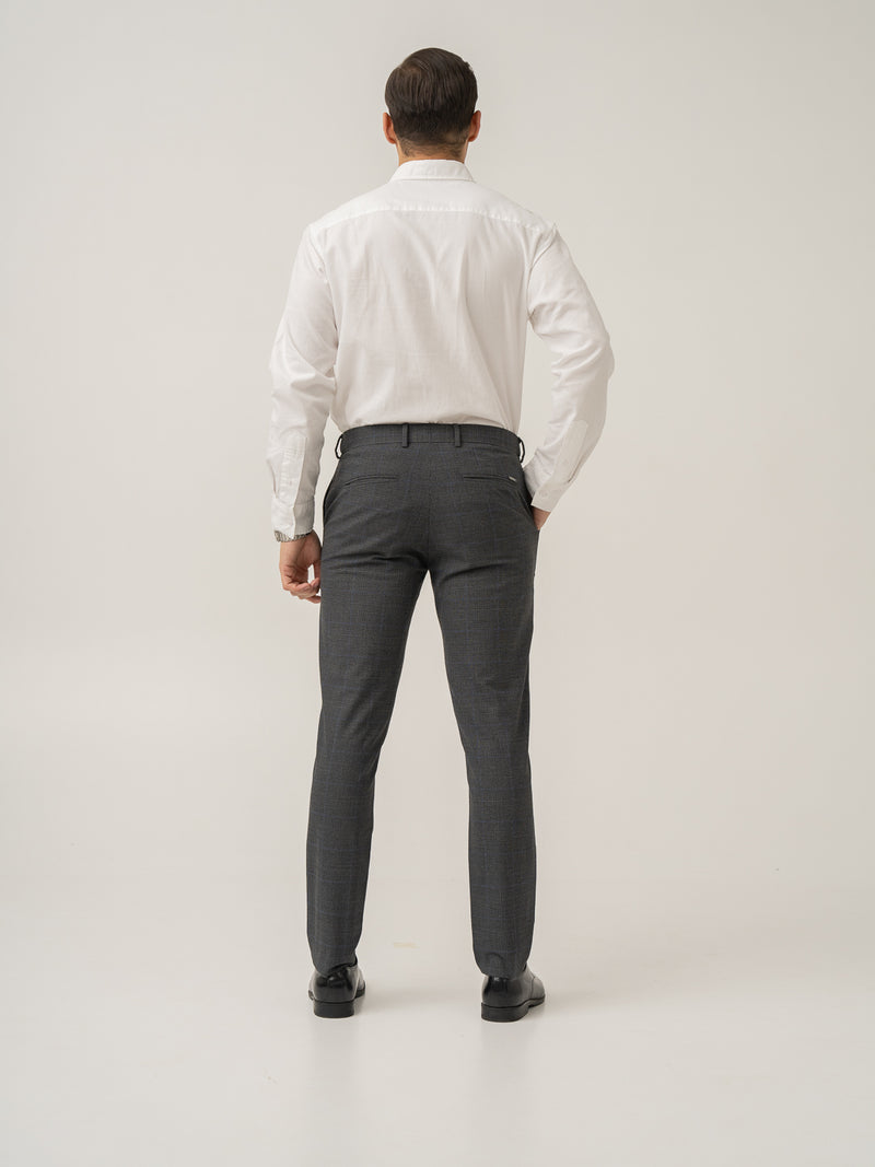 Full length back view of magnetic grey checks formal pant at Pant Project