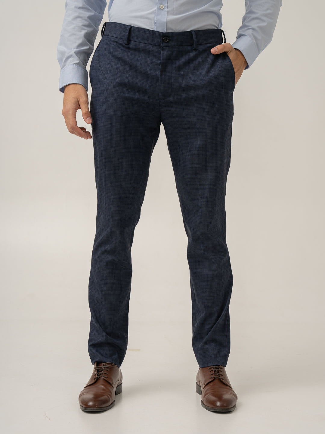 Front view of nocturnal navy checks formal pant at Pant Project