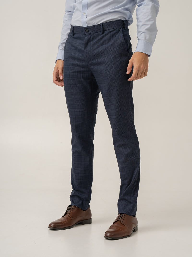 Front view of nocturnal navy checks formal pant at Pant Project