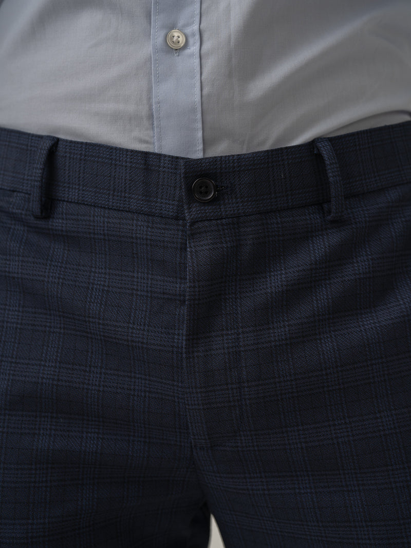 Full length back view of nocturnal navy checks formal pant at Pant Project