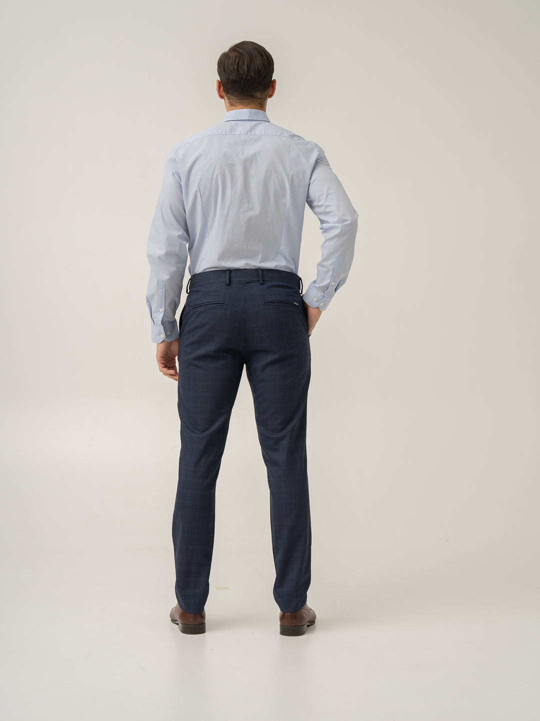 Side view of nocturnal navy checks formal pant at Pant Project