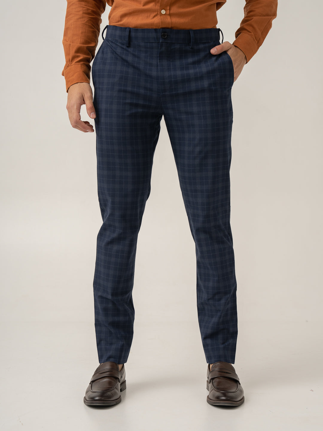 Front view of starling navy checks formal pant at Pant Project