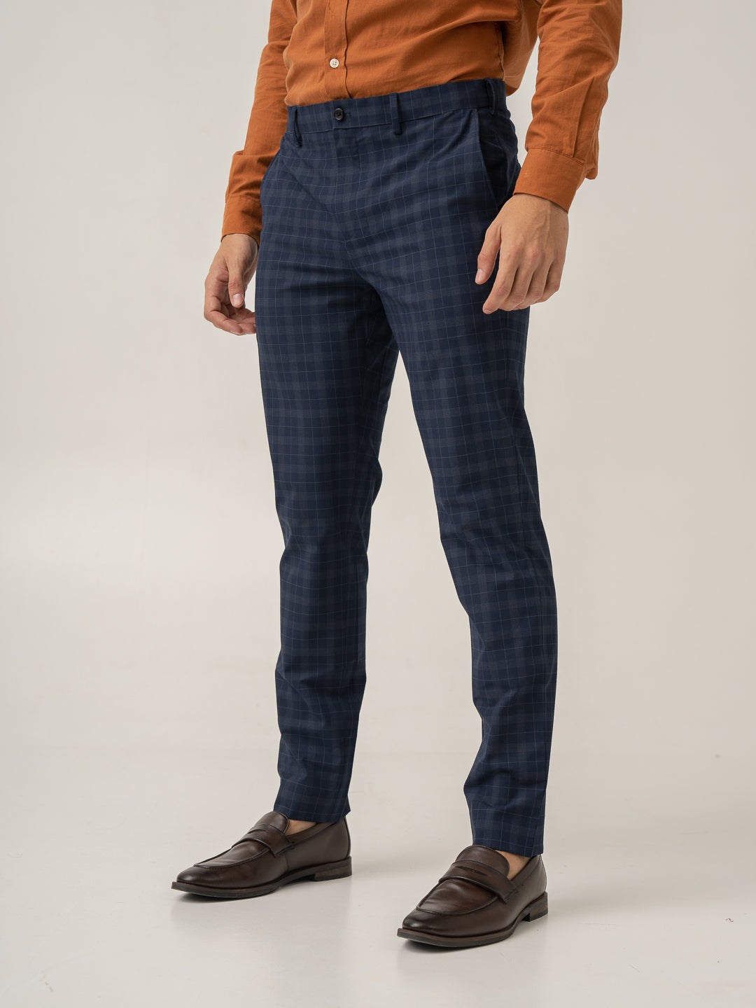 Side view of starling navy checks formal pant at Pant Project