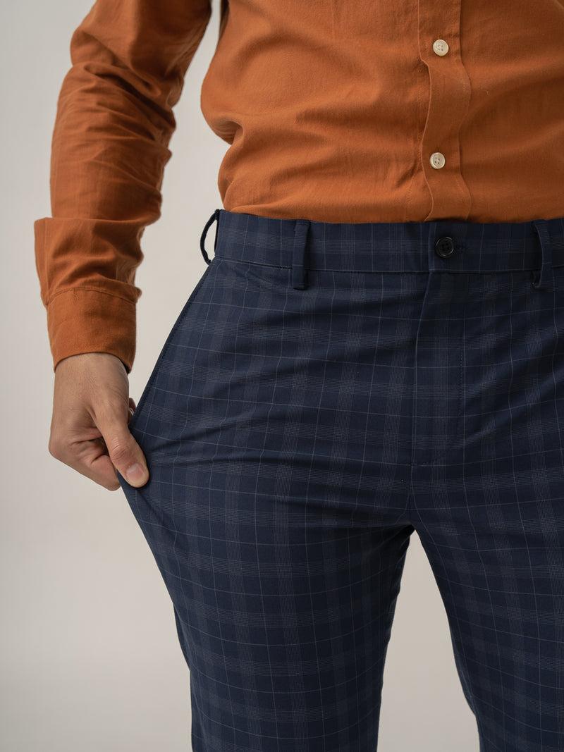 Stretch feature of starling navy checks formal pant at Pant Project