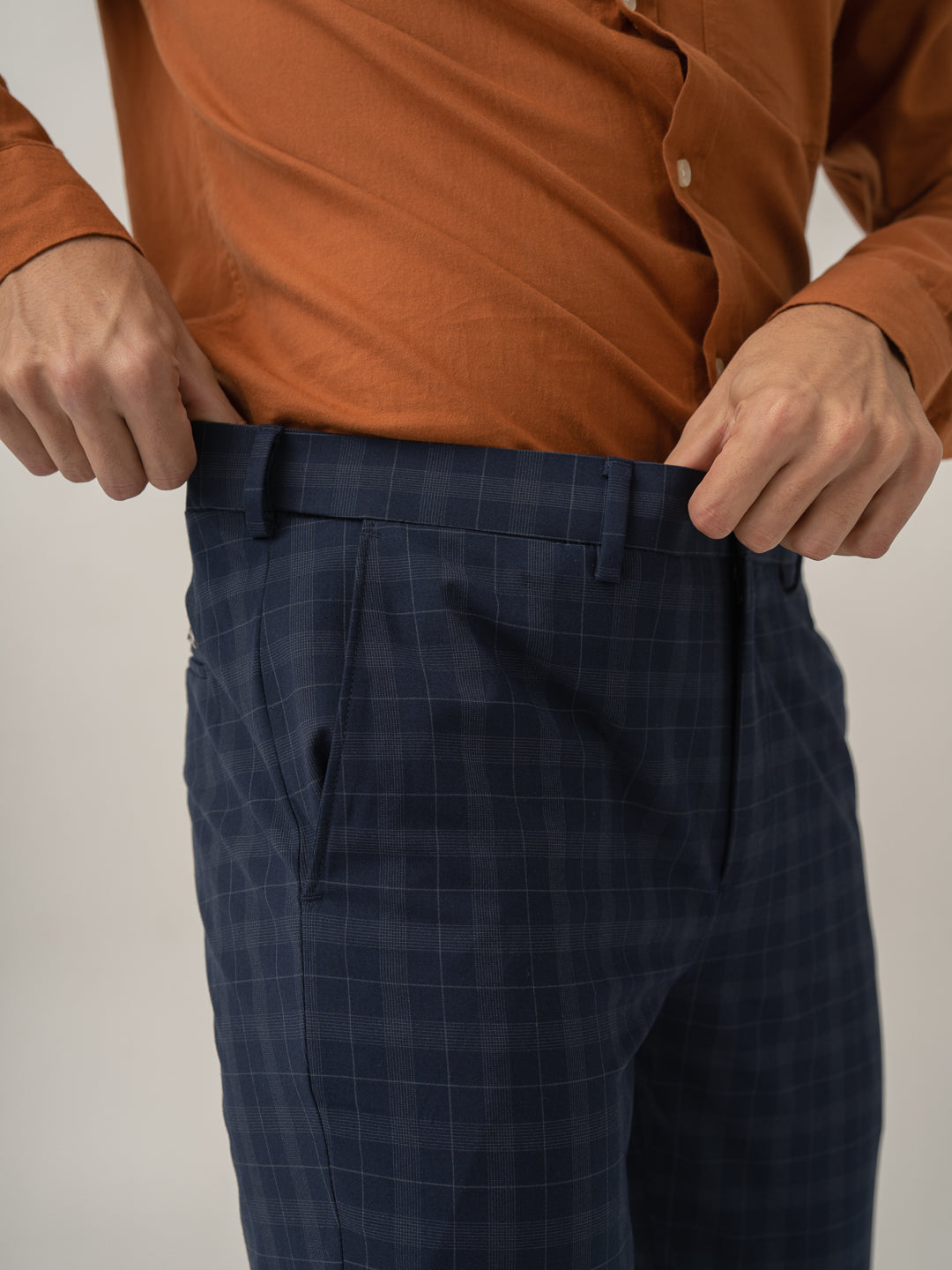 Stretch waistband close up of starling navy checks formal pant at Pant Project