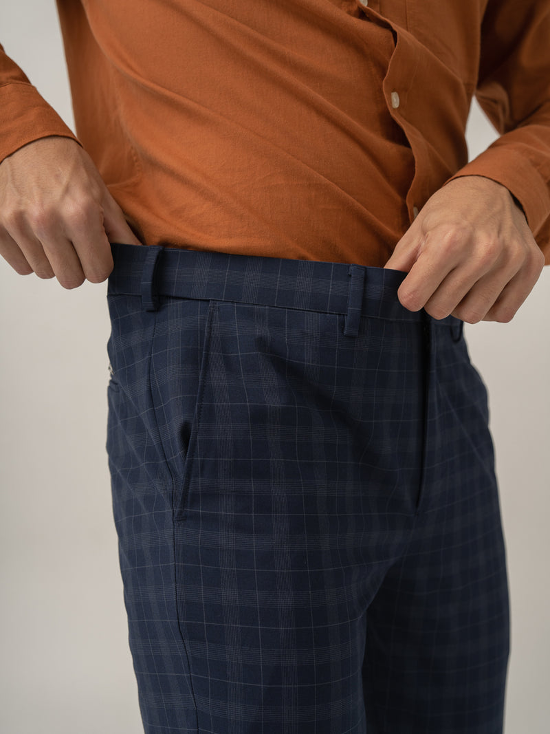 Stretch waistband close up of starling navy checks formal pant at Pant Project