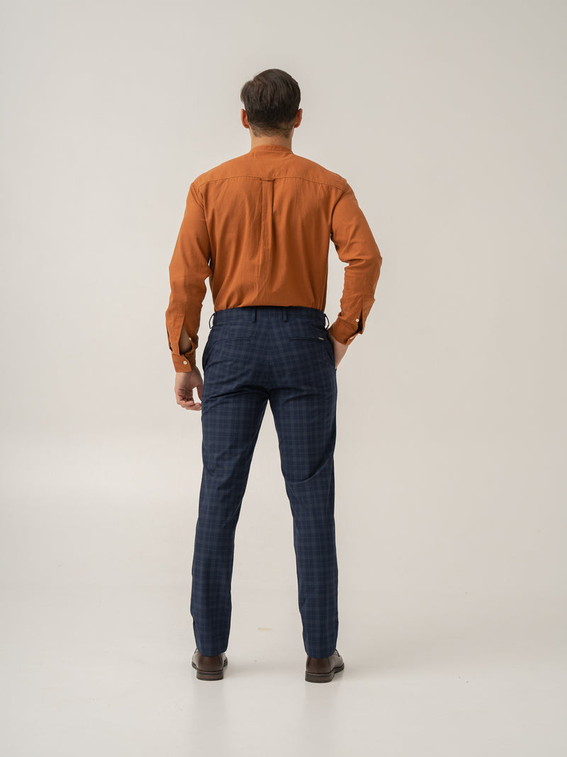 Full length back view of starling navy checks formal pant at Pant Project