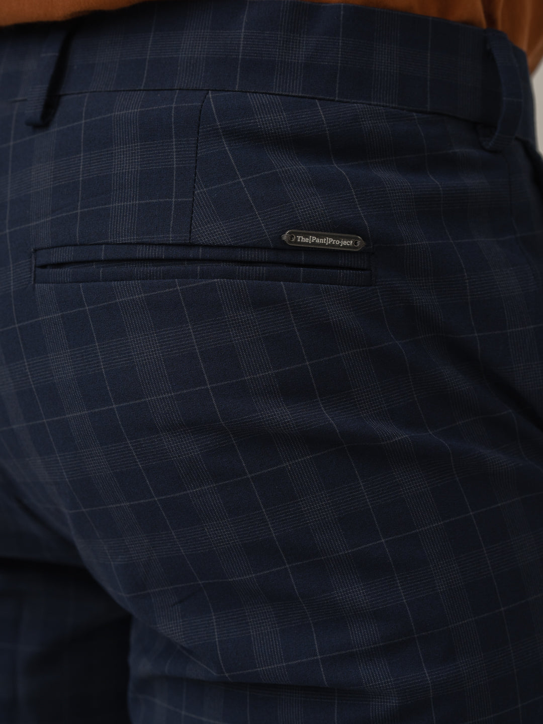 Back pocket detail of starling navy checks formal pant at Pant Project