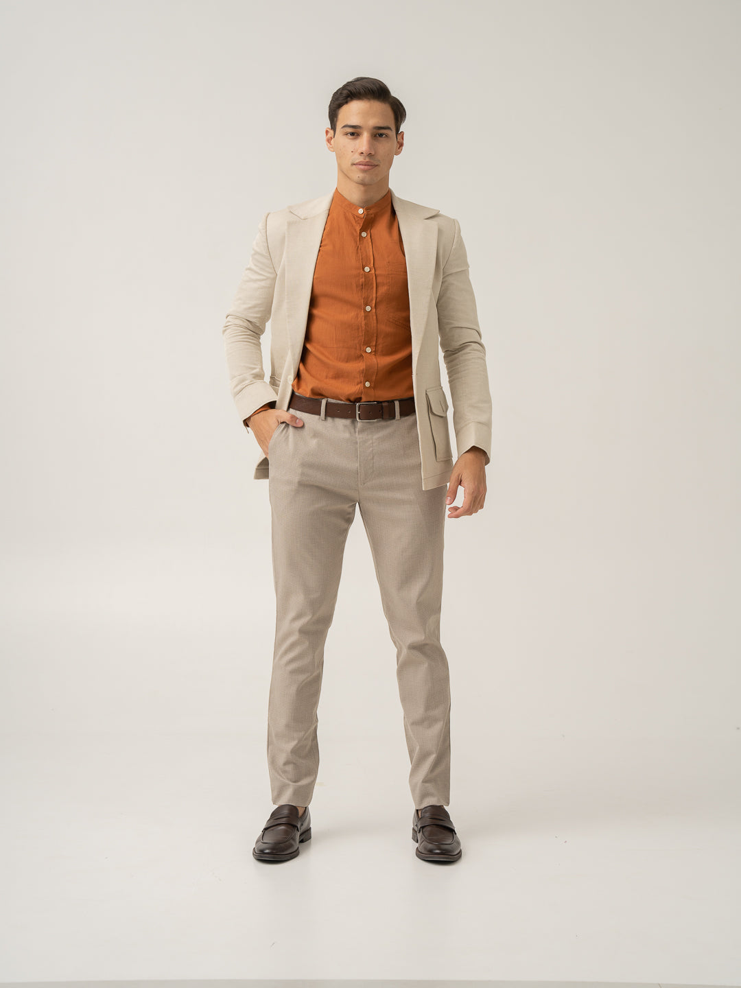 Full view of cork beige textured formal pant at Pant Project