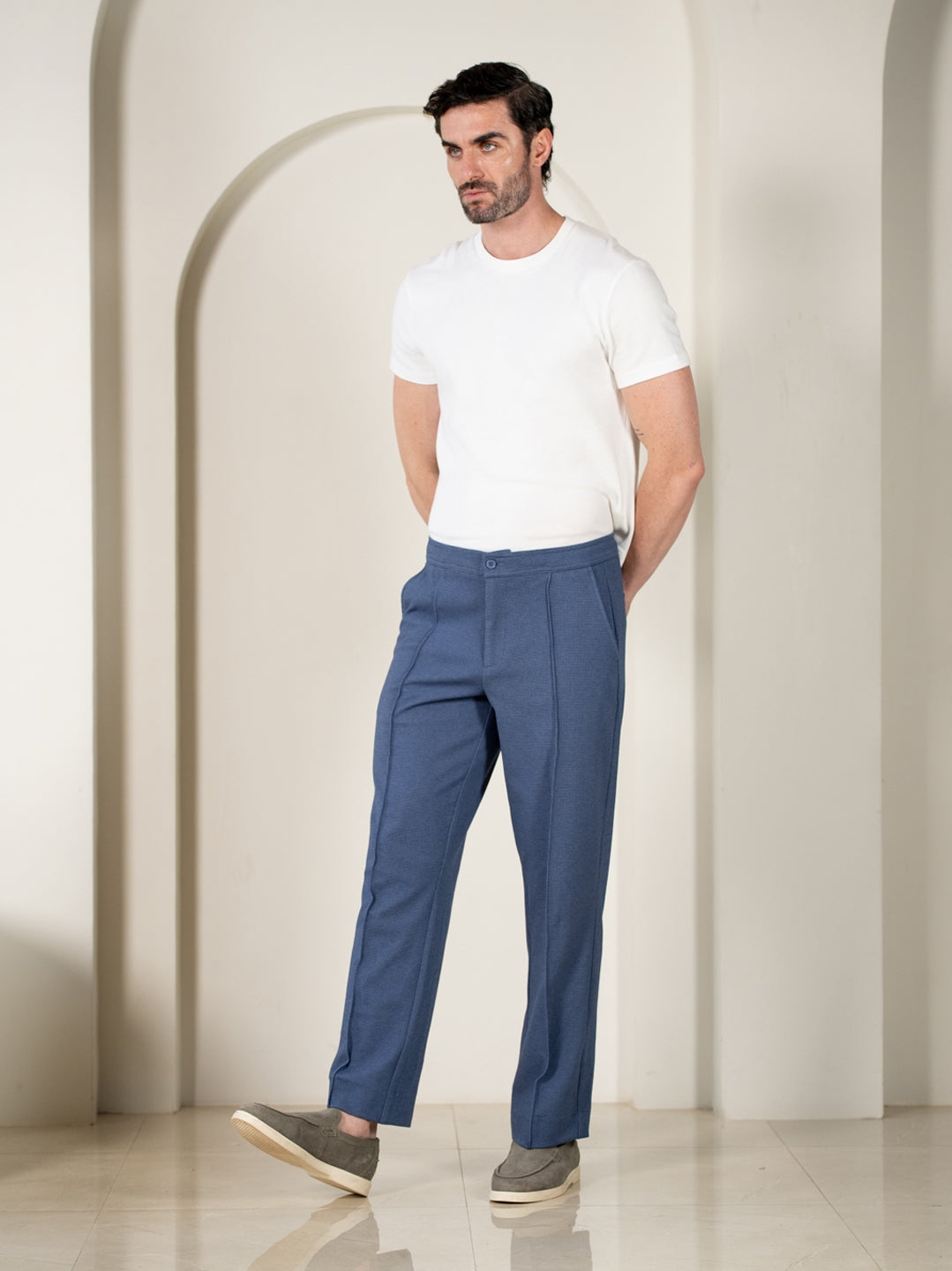 Kai Blue Relaxed Fit Power Stretch Korean Pintuck Pants