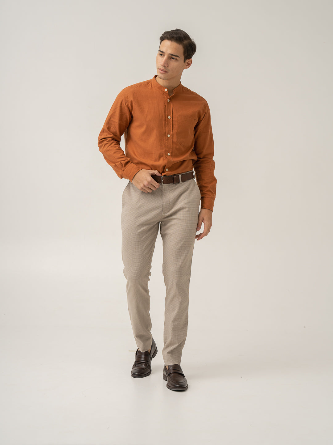 Front view of cork beige textured formal pant at Pant Project