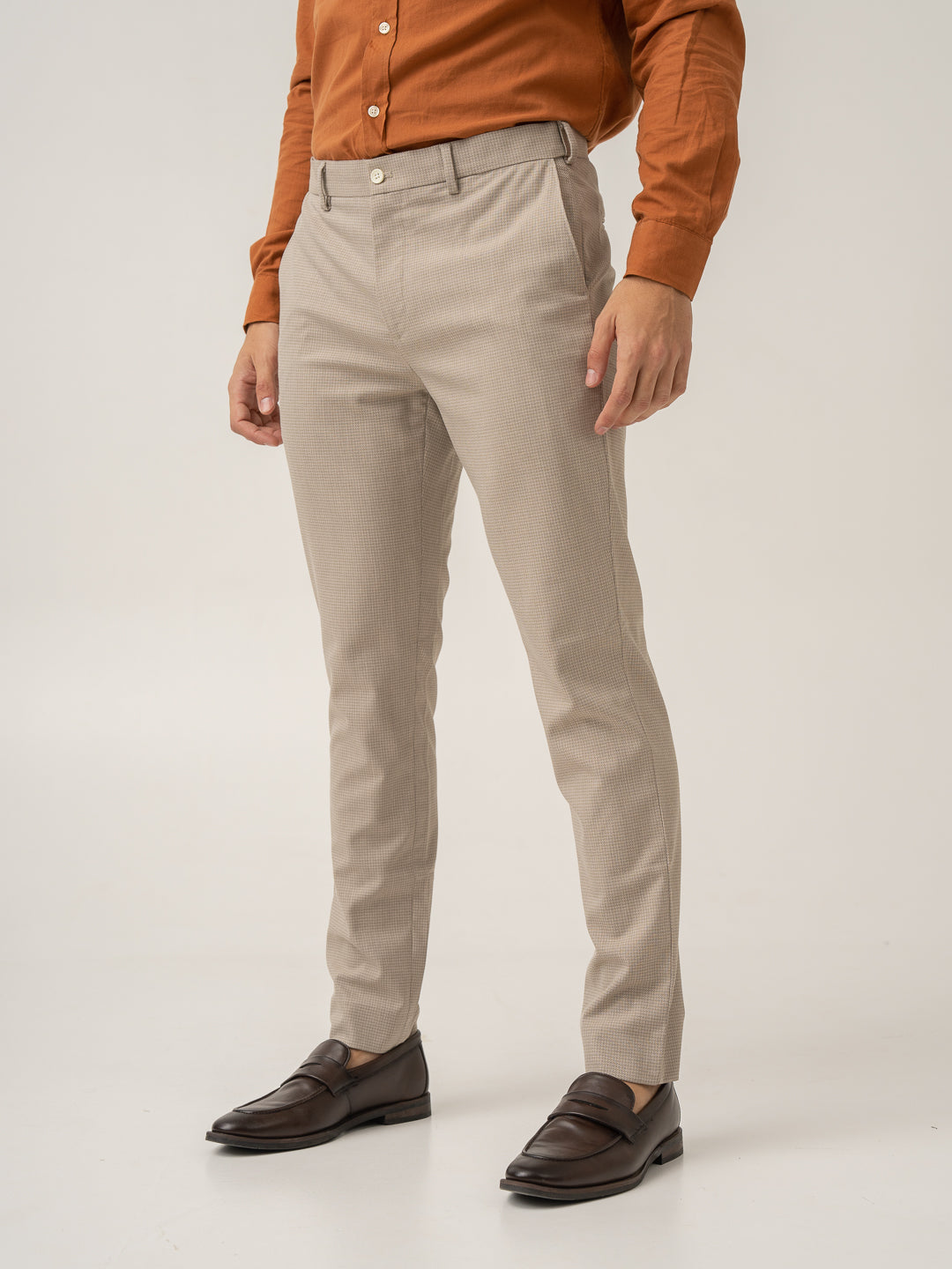 Side view of cork beige textured formal pant at Pant Project