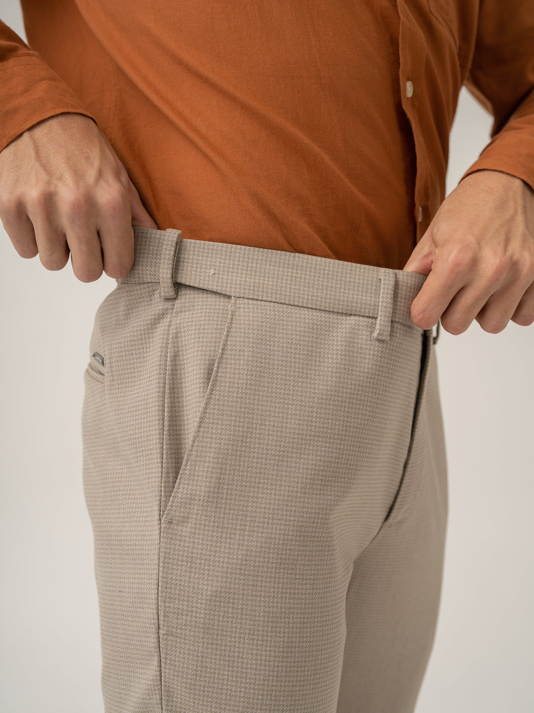 Stretch waistband close up of cork beige textured formal pant at Pant Project