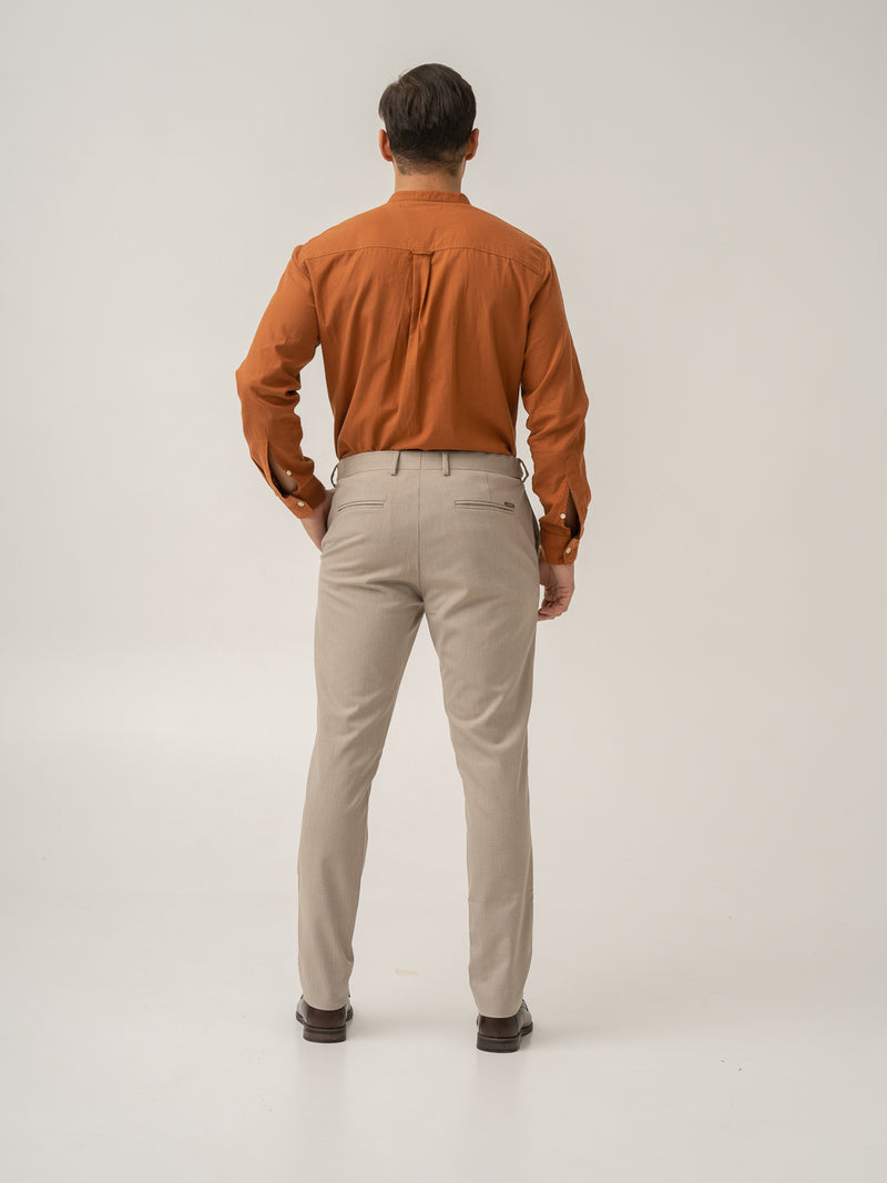 Full length back view of cork beige textured formal pant at Pant Project