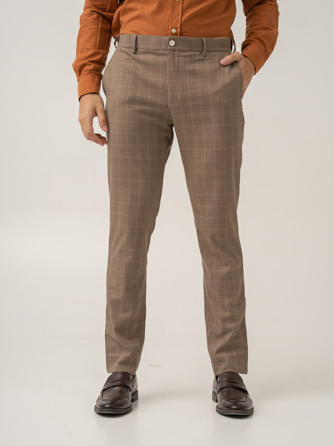 Front view of maple brown checks formal pant at Pant Project