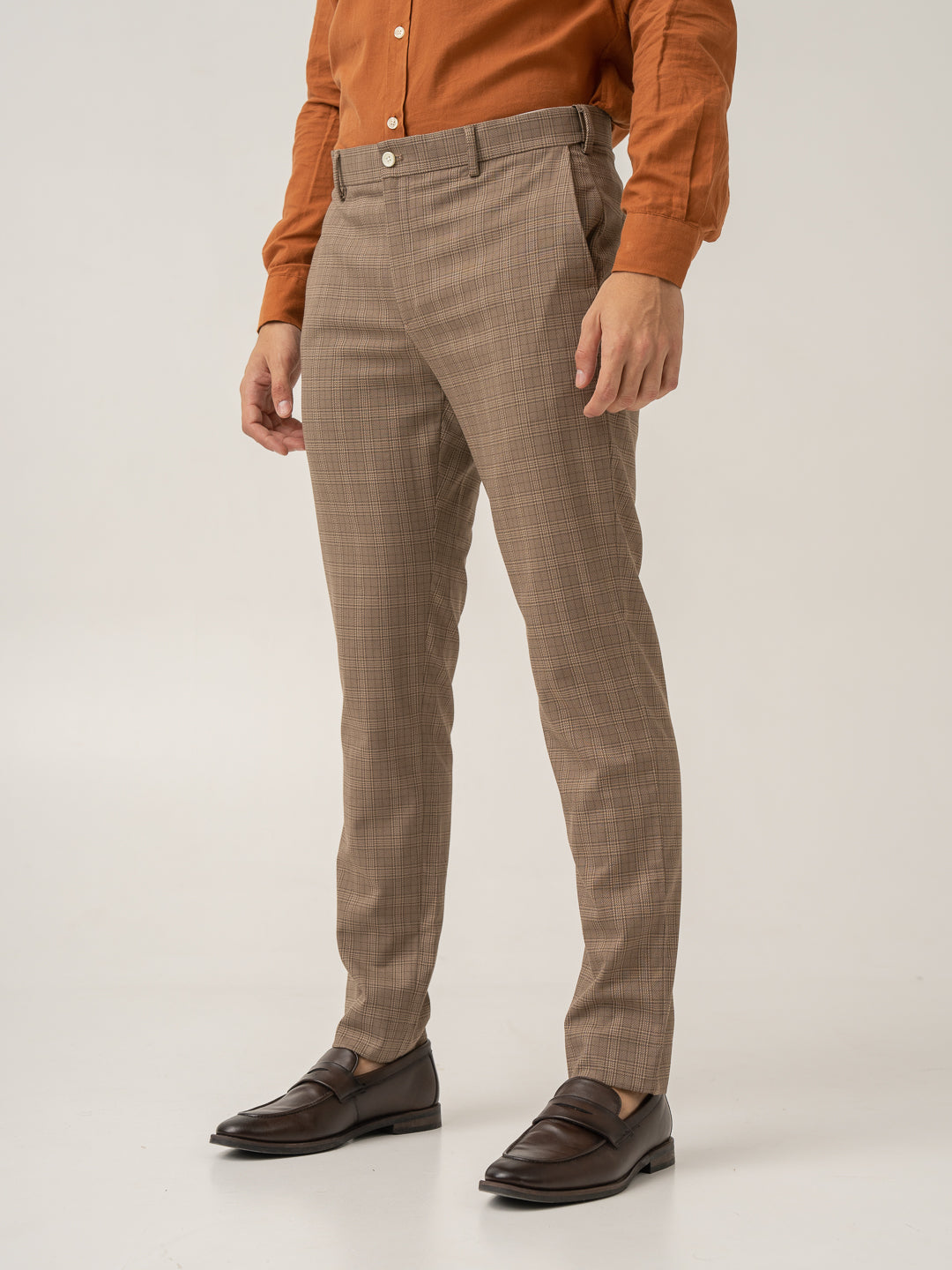 Full length back view of maple brown checks formal pant at Pant Project