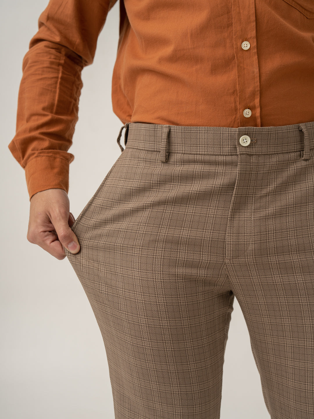 Stretch waistband close up of maple brown checks formal pant at Pant Project