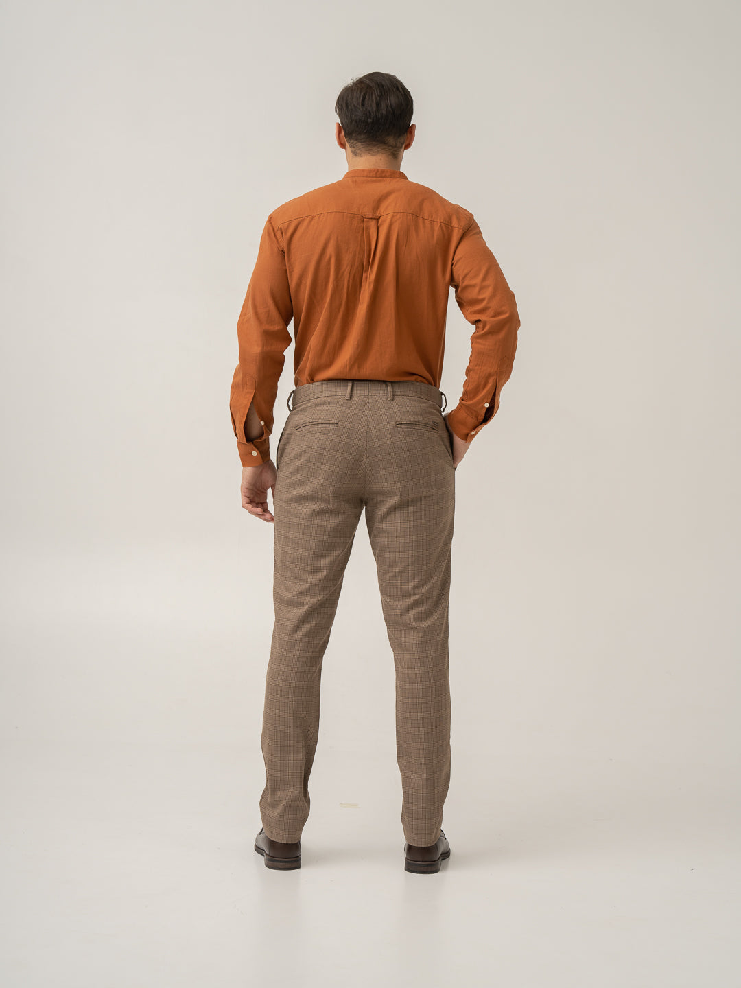 Side view of maple brown checks formal pant at Pant Project