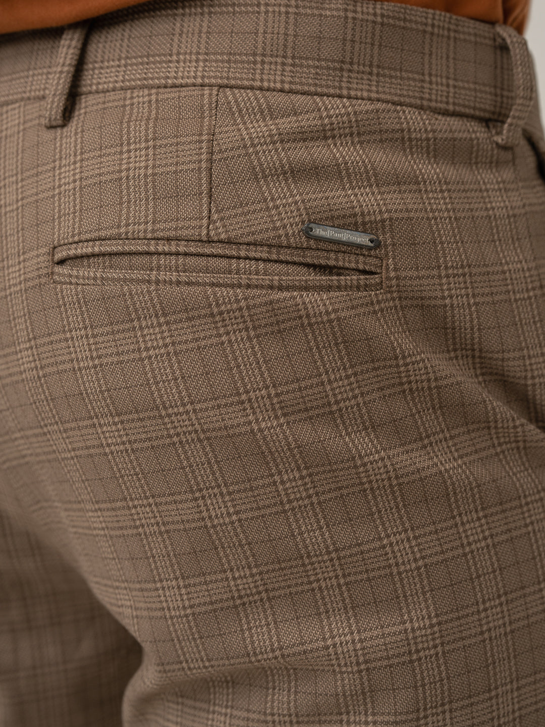 Back pocket detail of maple brown checks formal pant at Pant Project