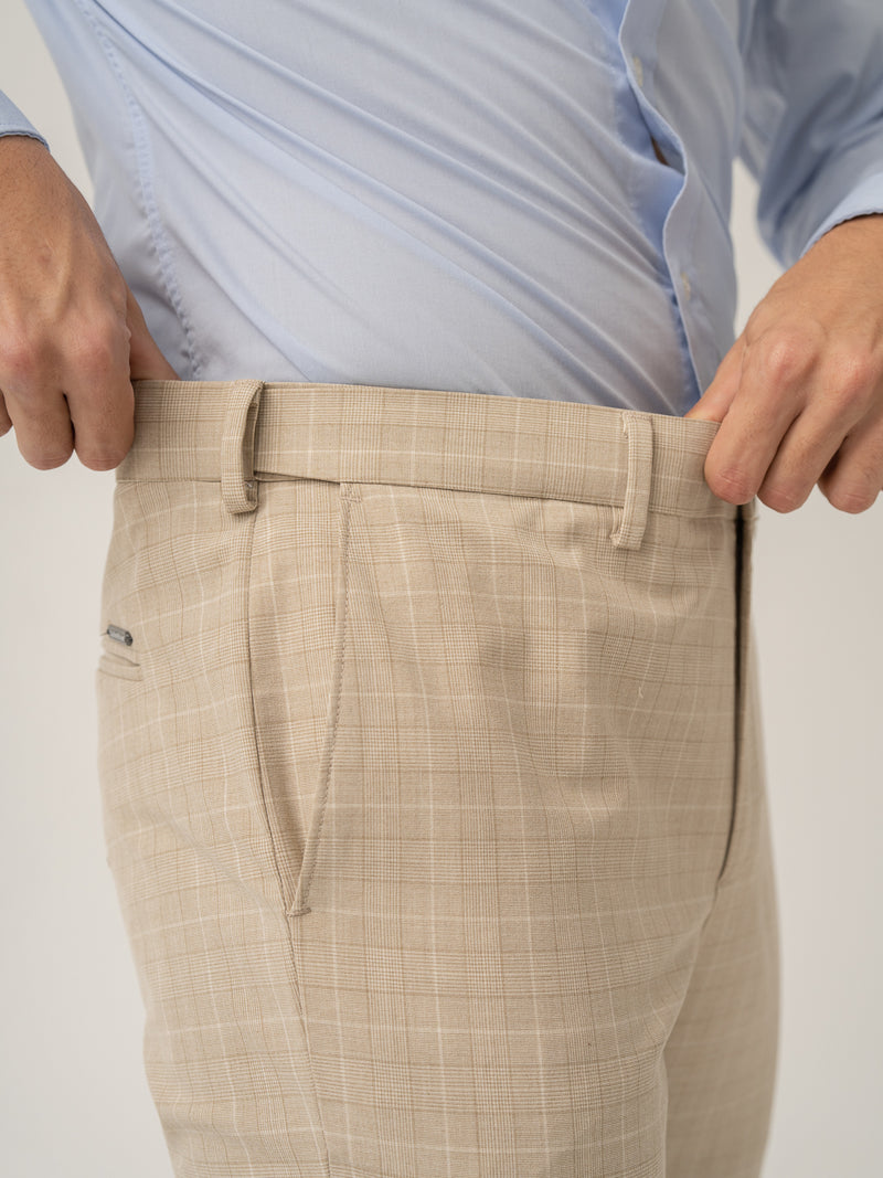 Stretch waistband close up of canvas beige checks formal pant at Pant Project