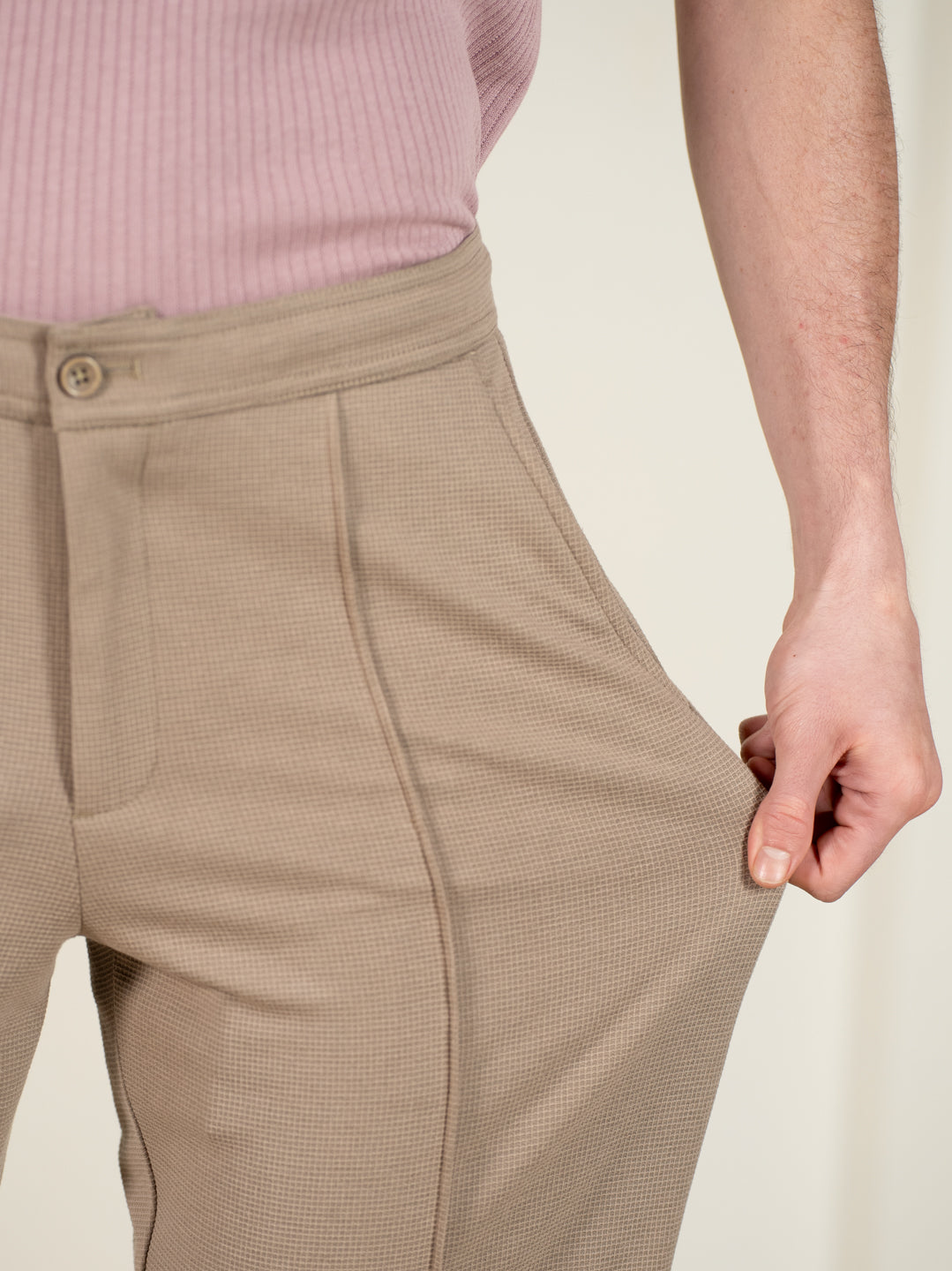 Dunara Beige Relaxed Fit Power-Stretch Korean Pintuck Pants