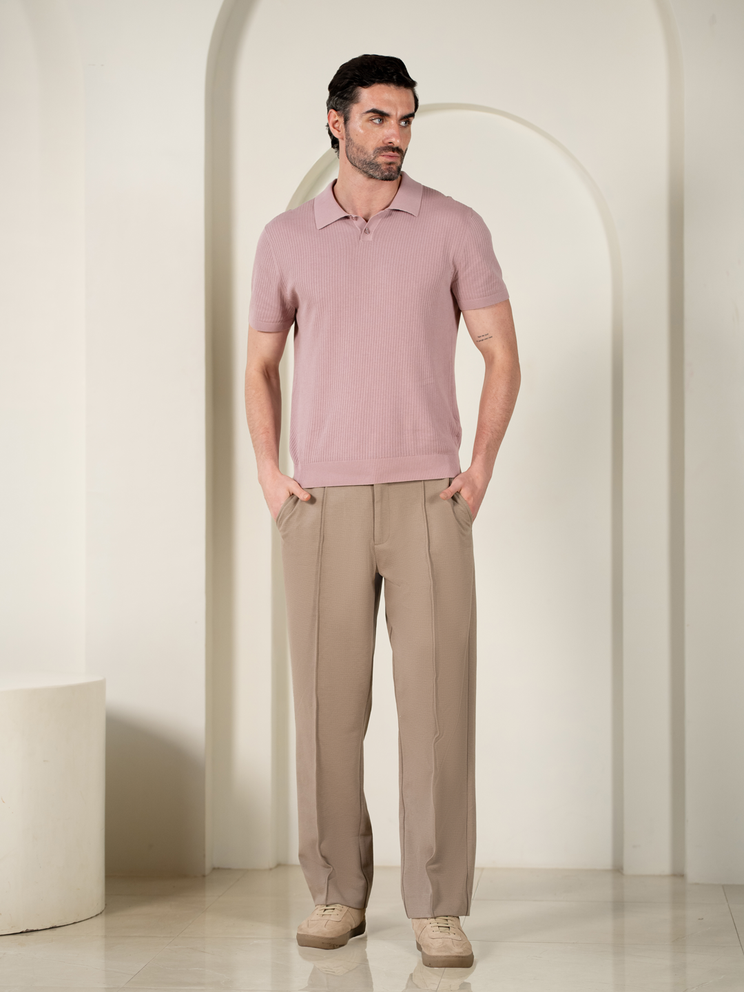 Dunara Beige Relaxed Fit Power Stretch Korean Pintuck Pants